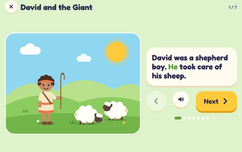 Story Time, David and the Giant, page 1 of 7. A shepherd boy with his sheep. The text reads: David was a shepherd boy. He took care of his sheep.
